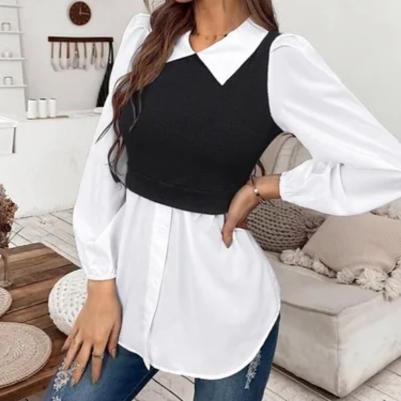 Solid Vest Over Shirt Button Detail Collar Blouse - Picture 7 of 9